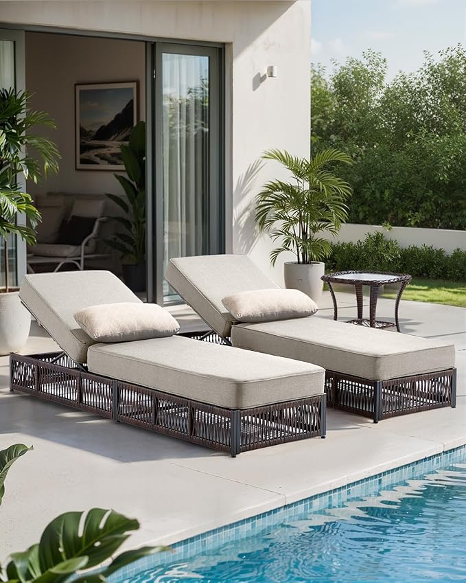 Luxury 2PCS Outdoor Chaise Lounge and Side Table Set with 5 Inch Thick Cushions - High Back Brown Wicker Patio Recliners Chairs Lounger for Poolside Pool Porch Garden Sunbathing - Beige