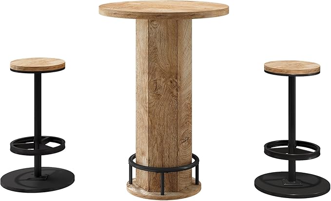 Tribesigns Round Bar Table with Chairs, Industrial Bistro Sets with 2 barstools, Pub Cocktail Table with Metal Ring Footrest for Kitchen Nook, Apartment, Small Space