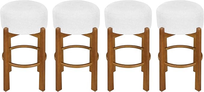 Christopher Knight Home Lera Modern Counter Height Bar Stools Set of 4, Fabric Round Stool Chair for Kitchen Island, Wooden Dining Room Chair, Upholstered Counter Stool with Footrest, Walnut+Ivory