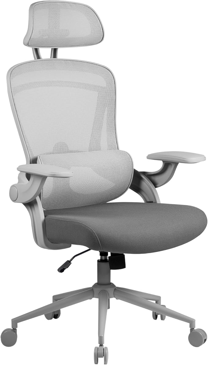 Nouhaus Ergo Fit Ergonomic Mesh Office Chair High Back Adjustable Lumbar Support Headrest and Adjustable Flip-up Armrests, Comfy Desk Chairs Swivel Computer Gaming Chair Tilt Function(N20, Grey)