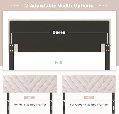KOMFOTT Linen Fabric Upholstered Headboard for Full/Queen Size Bed, Rectangular Headboard with Solid Wood Legs & Adjustable Width, Padded Full/Queen Bed Headboard, Easy Assembly, Beige