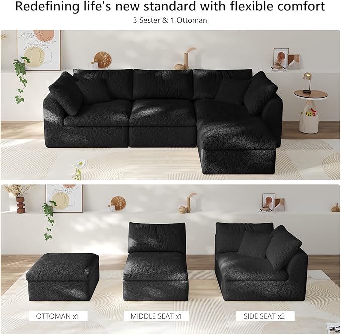 108" Boneless Cloud Couch Modular Sectional Sofa with Deep Seat for Living Room, L Shape Couch with Ottoman, Snowflake Cloth and 40D Memory Sponge，2 Throw Pillows (Black, 3 Seater+1 Ottoman)