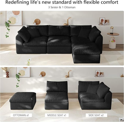 108" Boneless Cloud Couch Modular Sectional Sofa with Deep Seat for Living Room, L Shape Couch with Ottoman, Snowflake Cloth and 40D Memory Sponge，2 Throw Pillows (Black, 3 Seater+1 Ottoman)