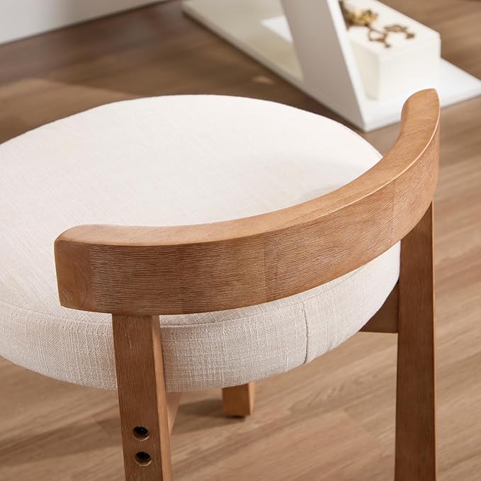 Modern Vanity Chair Upholstered Small Ottoman Footstool, Make Up Stool Linen Fabric with Backrest Wooden Frame for Living Room Bedrooms, 1PC, Beige