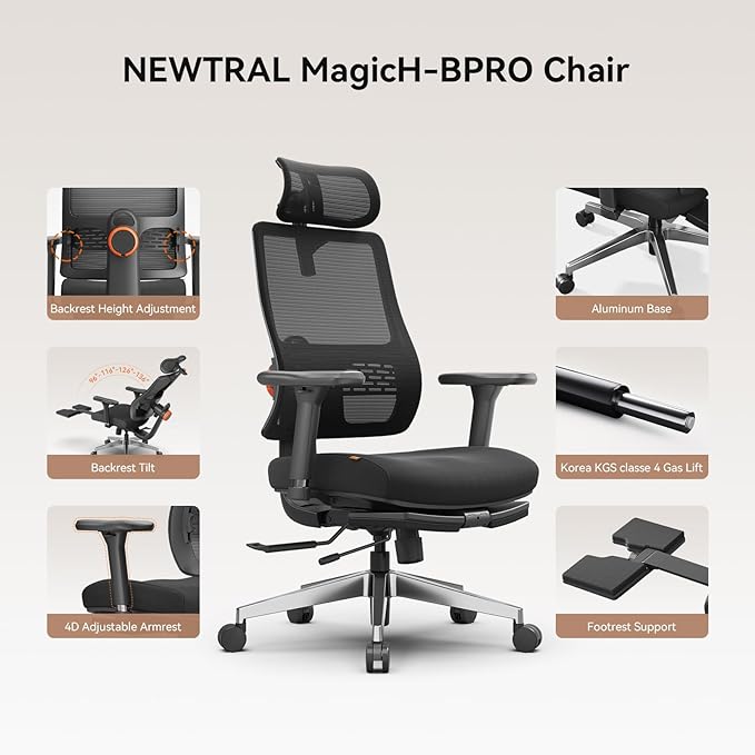 Newtral Office Chair Ergonomic with Footrest, Auto-Following Lumbar Support, High Back Desk Chair with 4D Armrest,136° Tilt Lock, Adjustable Seat Depth & Height (Supreme with Laptop Tray, Black)