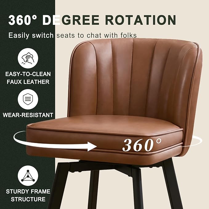 Swivel Counter Height Bar Stools Set of 4, 30'' Modern Barstools with Backs and Metal Legs, Upholstered Bar Chairs, Faux Leather Dark Brown Stools for Kitchen Island Chairs