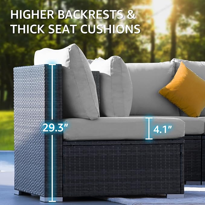 NICESOUL 13 Piece Backyard Furniture Set with Firepit Table, Wicker Woven Gray Patio Couch Set with Chaise Lounge for 10-People Seating, Modular Comfy 29.3" Highback Sectional Sofas for Outside Patio