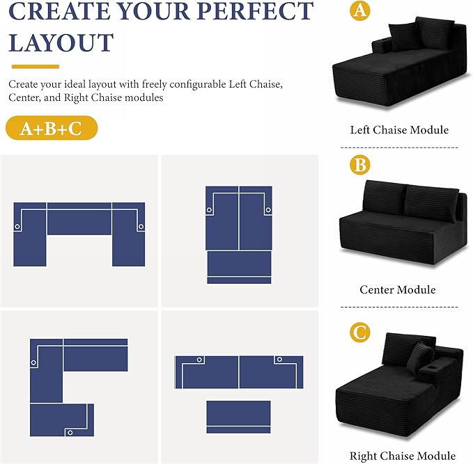134''Oversized Modular Sectional Sofa Boneless Cloud Couch with Chaise Comfy Sectional Couches for Living Room,Bedroom,Apartment (Black, 134''W U-Shaped)