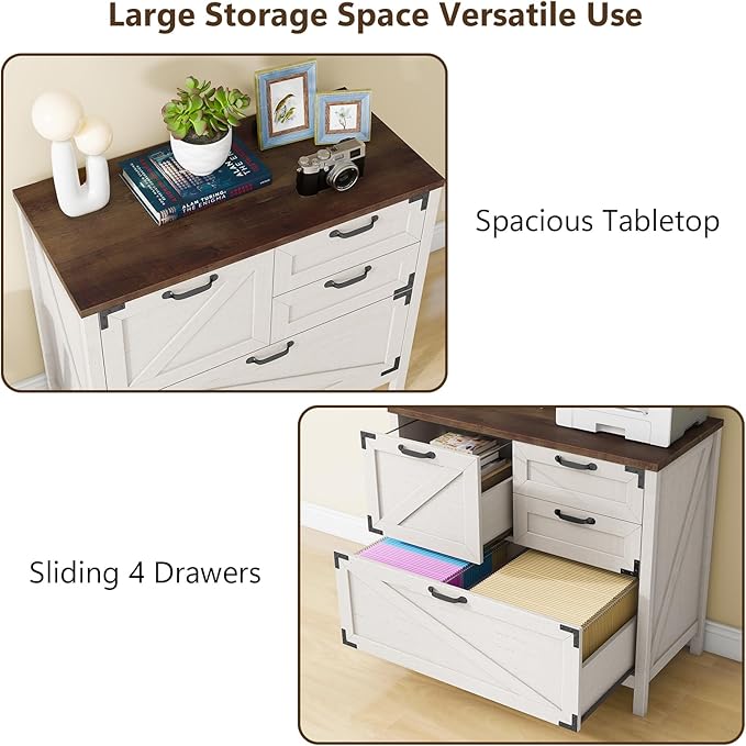 Lateral File Cabinet with 4 Drawers Farmhouse File Cabinet for Letter/Legal/A4 Size Hanging Files, Large Wood File Storage Cabinets Printer Stand for Home Office Cabinet, Rustic White