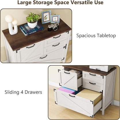 Lateral File Cabinet with 4 Drawers Farmhouse File Cabinet for Letter/Legal/A4 Size Hanging Files, Large Wood File Storage Cabinets Printer Stand for Home Office Cabinet, Rustic White