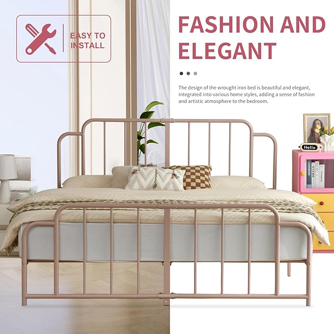 PINJU Metal Platform Bed Frame with Headboard and Footboard, Classic Style, Sturdy Metal Slats, No Box Spring Needed, Easy Installation (Pink, King)