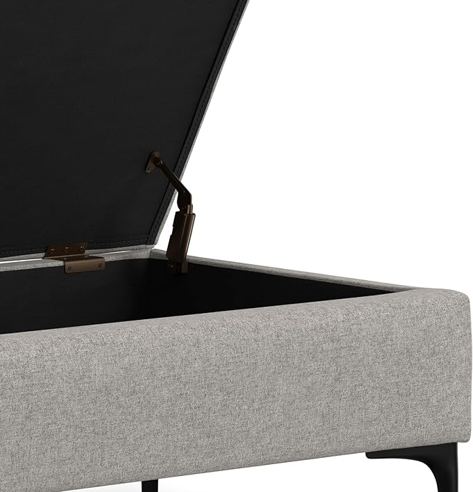SIMPLIHOME Rebecca 48 inch Wide Mid Century Modern Rectangle Large Coffee Table Storage Ottoman with Lift up Lid in Cloud Grey Polyester , Assembled, For the Living Room, Entryway and Family Room