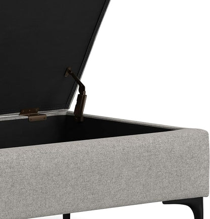 SIMPLIHOME Rebecca 48 inch Wide Mid Century Modern Rectangle Large Coffee Table Storage Ottoman with Lift up Lid in Cloud Grey Polyester , Assembled, For the Living Room, Entryway and Family Room