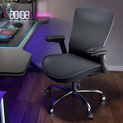 Office Home Ergonomic Desk Chair-Computer X-Shaped Chair Mesh PU Leather with Adjustable Lumbar Support-Executive Chair High Back Flip-Up Arms for Long Hours (Black-No Headrest)