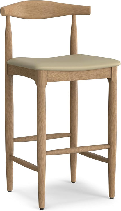 SIMPLIHOME Molly Bar Stool - 29 inch Seat Height Upholstered Wood Chair in Natural Faux Leather, Mid Century Seating for Kitchen or Bar with Contoured Back and Footrest, Fully Assembled