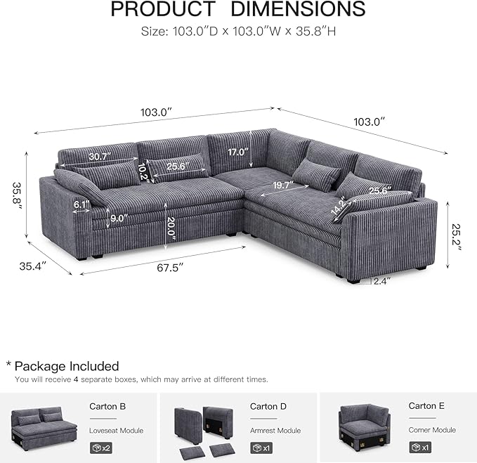 Belffin Large Modular Sectional Sofa with Double 61" Loveseat, Corduroy Corner Couch with 9" Soft Dual-Layer Seats Cushion for Living Room, Apartment, Small Sapce, Light Grey