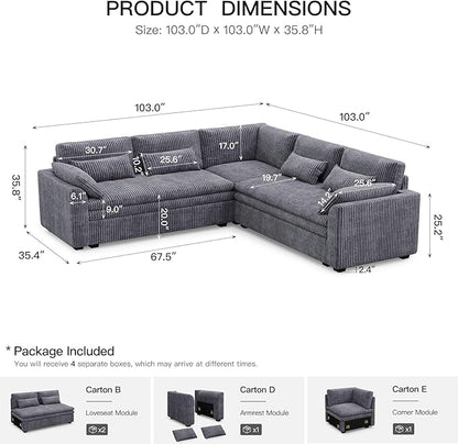 Belffin Large Modular Sectional Sofa with Double 61" Loveseat, Corduroy Corner Couch with 9" Soft Dual-Layer Seats Cushion for Living Room, Apartment, Small Sapce, Light Grey