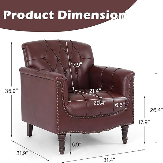 Lumibee Faux Leather Armchairs, Contemporary Accent Chairs Set of 2 with Nailhead Trims & Wood Legs for Living Room, Upholstered Comfy Arm Chairs for Office,Bedroom-Dark Red