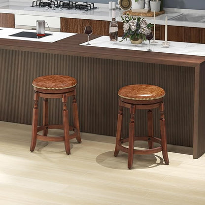 COSTWAY Round Swivel Wooden Bar Stools Set of 2, 24-inch Upholstered Backless PU Leather Farmhouse Counter Chairs with Footrest, Decorative Rivets for Kitchen Island, Dining Room, Walnut