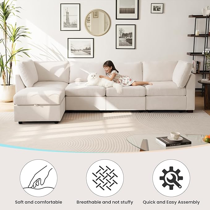 TEKAMON 96" Modular Sectional Sofa with Ottoman,Large Comfy Cloud 3-Seat Deep Seat,Reversible Chaise Modular Sectional Couches for Living Room and Apartmenr,Beige