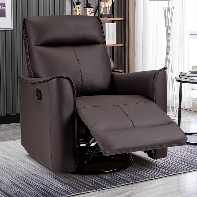 CANMOV Swivel Rocker Recliner, Glider Rocking Chair, Nursing Chairs Swivel Glider Recliners with Soft Backrest, Leathaire Manual Reclining Sofa for Living Room Bedroom Apartment, Dark Brown