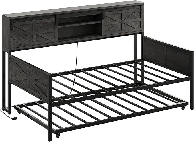 LIKIMIO Daybed with Trundle Bed, Sofa Bed Twin with Charging Station, with Storage Headboard & Strong Support, for Living Room, Bedroom and Guest Room, Charcoal Grey