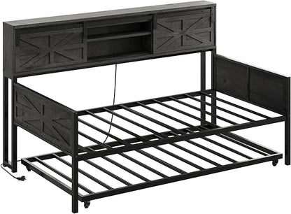 LIKIMIO Daybed with Trundle Bed, Sofa Bed Twin with Charging Station, with Storage Headboard & Strong Support, for Living Room, Bedroom and Guest Room, Charcoal Grey