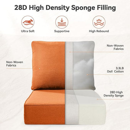 Luxury 6" Outdoor Cushions for Patio Furniture, 24x24x6" Thick Seat Cushion Set of 2, Fade Resistant Couch Chair Replacement Cushions High Density Deep Wicker Chair Cushion w/ Removable Cover, Orange