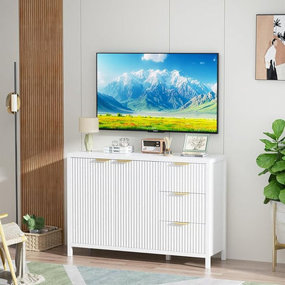 Fluted Sideboard Buffet Cabinet, 46.5" Storage Buffet Cabinet with 2 Doors & 3 Drawers, Modern Wood Sideboard Console for Living Room, Dinning Room, Kitchen, White