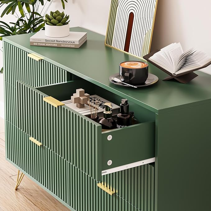 Green Dresser for Bedroom, Modern Dresser with Gold Metal Handles & Chests of Drawers, Wood Chest of Drawers for Bedroom
