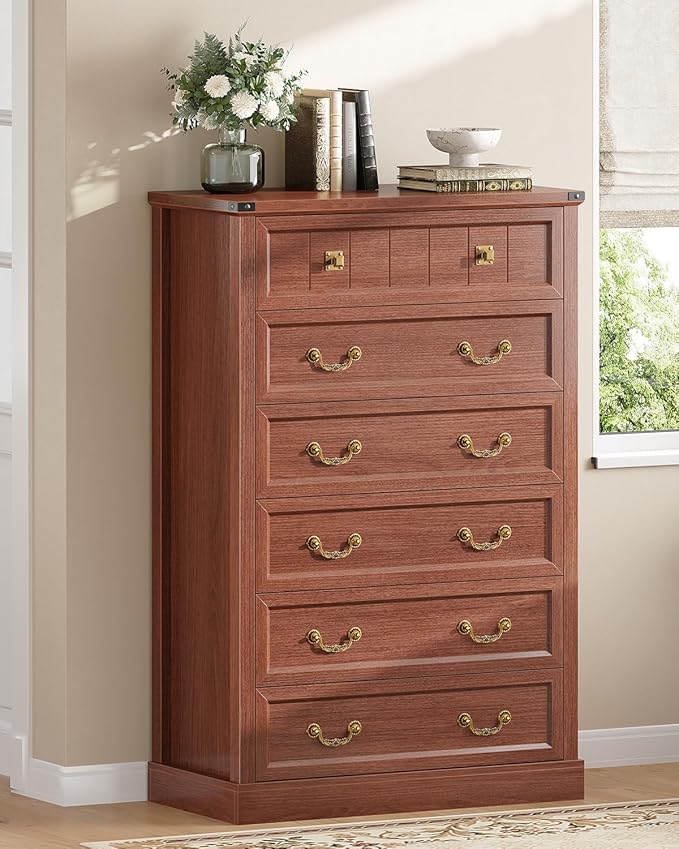 AOGLLATI Farmhouse Dresser with 6 Drawers, 51.2”Tall Wooden Rustic Chest of Drawers with Natural Texture, Vintage Design, Bedroom Dressers with Drawers for Bedroom, Oak Brown