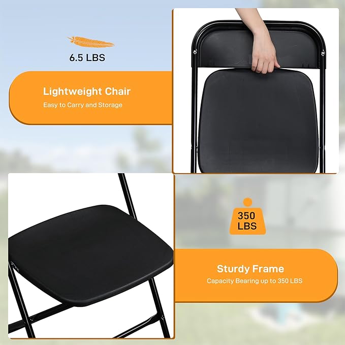 12 Pack Black Plastic Folding Chairs, Portable Party Chairs, Stackable Commercial Seats with Steel Frame for Home Office Wedding Party Indoor Outdoor Events Chairs, 350lbs Capacity