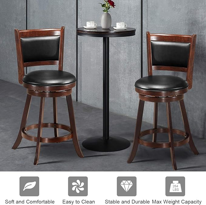 COSTWAY Bar Stools Set of 2, 360 Degree Swivel, Accent Wooden Swivel Seat Counter Height Bar Stool, Leather Upholstered Design, PVC Cushioned Seat, Perfect for Dining and Living Room (Height 24")