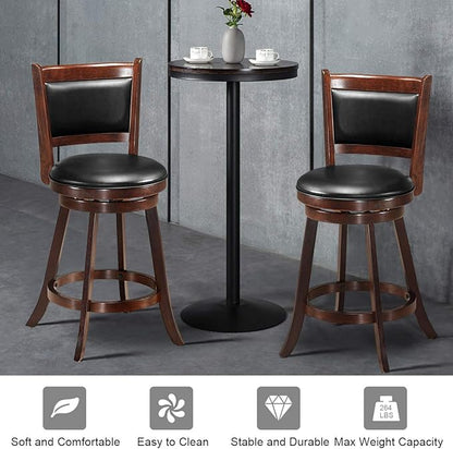 COSTWAY Bar Stools Set of 2, 360 Degree Swivel, Accent Wooden Swivel Seat Counter Height Bar Stool, Leather Upholstered Design, PVC Cushioned Seat, Perfect for Dining and Living Room (Height 24")
