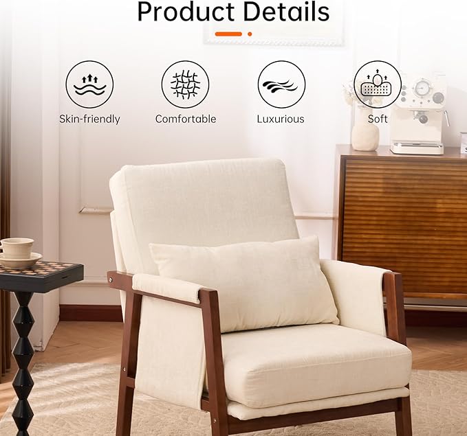 Accent Chair Mid-Century Modern with Lumbar Support Pillow, Upholstered Living Room Chairs with Wooden, Chenille Armchair with Cushion, Anthropologie Side Chair for Bedroom, Beige