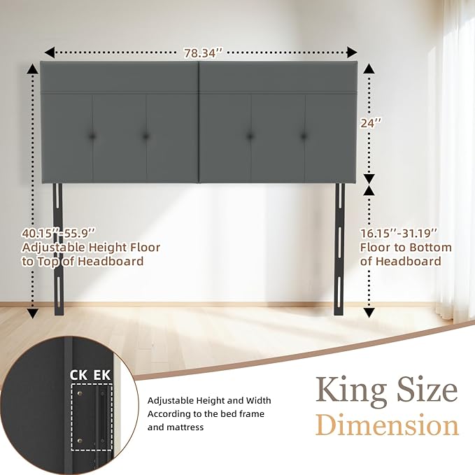 Upholstered King Size Headboard, Headboard King with Sturdy Metal Legs, Tufted Upholstery Design Bed Headboards with Adjustable Width & Height (Grey)