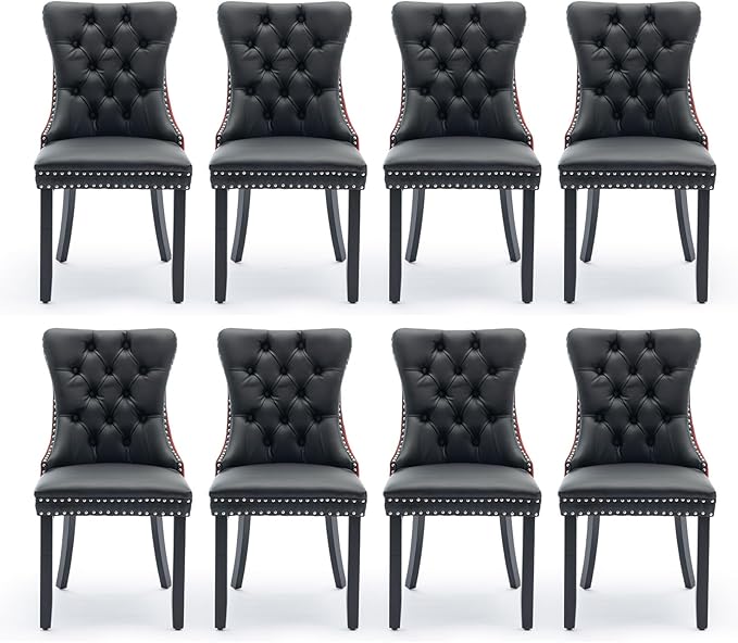 Leather Upholstered Dining Chairs Set of 8, Modern Style Kitchen Side Chairs with Nailhead Trim and Wood Leg, Metal Pulling Ring for Dining Room Living Room(Black&Wine Red)