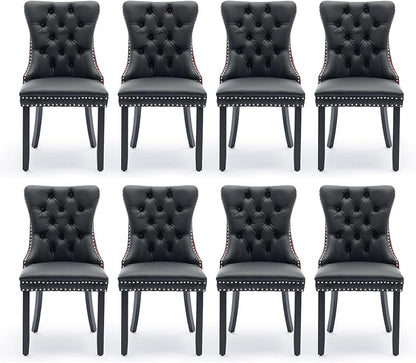 Leather Upholstered Dining Chairs Set of 8, Modern Style Kitchen Side Chairs with Nailhead Trim and Wood Leg, Metal Pulling Ring for Dining Room Living Room(Black&Wine Red)