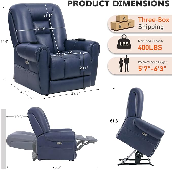 EONIX Four Motor Lay Flat Power Lift Recliner Chair for Elderly, 400lbs Electirc Lift Chair for Living Room, Independent Adjustable Lumbar Support & Headrest, Extended Footrest, Navy Blue