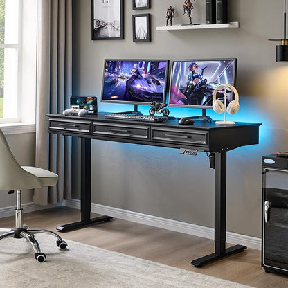 55x22 Inch Electric Standing Desk with One-Piece Desktop, Adjustable Height Computer Desk with 3 Storage Drawers & Power Outlets, Sit to Stand Up, Gaming Table for Home Office and Study, Black
