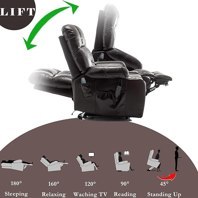 Large Power Lift Recliner Chair with Massage and Heat for Elderly,Overstuffed Wide Recliners,Breathable Leather with 2 Cup Holders,Dual OKIN Motor,Recline up to 180 Degrees