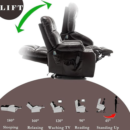 Large Power Lift Recliner Chair with Massage and Heat for Elderly,Overstuffed Wide Recliners,Breathable Leather with 2 Cup Holders,Dual OKIN Motor,Recline up to 180 Degrees