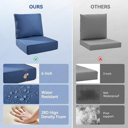 Luxury 6" Outdoor Cushions for Patio Furniture, 24x24x6" Thick Seat Cushion Set of 4, Fade Resistant Couch Chair Replacement Cushions High Density Deep Wicker Chair Cushion w/ Removable Cover, Blue