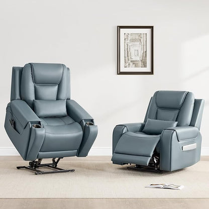 CHITA Electric Power Lift Recliner Chair for Elderly with Massage and Heat, Large Lay Flat Genuine Leather Recliner Chair with Cup Holders, USB Ports, Power Headrest, Independent Backrest, Navy