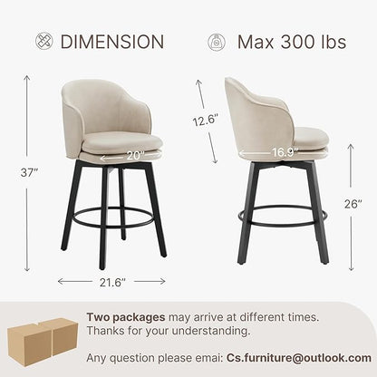 Counter Height Barstools 26 inch Upholstered Swivel Bar Stools with Back and Wood Legs for Kitchen Island,Set of 3,Beige PU Leather