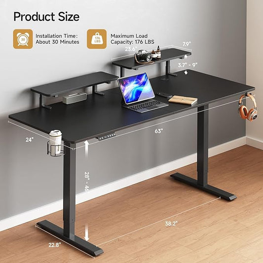 ONBRILL Standing Desk with 2 Adjustable Monitor Shelves, 63 x 24 Inches Electric Stand Up Desk with Memory Controller and Adjustable Height from 28-46 inches for Computer Workstations, All Black