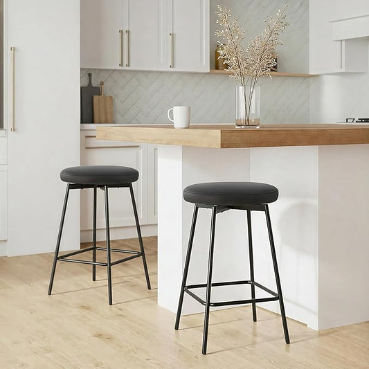 Swivel Bar Stools Set of 3, 24" Counter Height Bar Stool, Backless Barstools with Faux Leather Upholstered Seat&Sturdy Wood Legs for Kitchen Island, Black