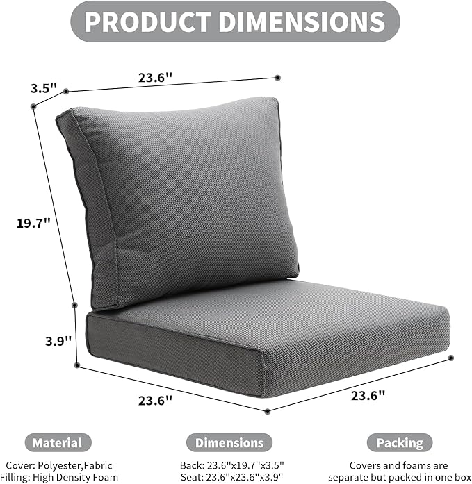 Outdoor Seat Cushion Set for Patio Furniture Deep Seat Chair Cushion Set with Removable Cover,23.6x23.6 Inch,Dark Grey