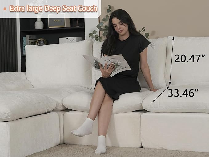 EASE MOOSE Oversized Cloud Couch Sectional Sofa, U-Shaped Modular Couch for Living Room, Minimalist Boneless Convertible Couches with Ottoman, 5-Seat Deep Sofas for Bedroom, Chenille (White)