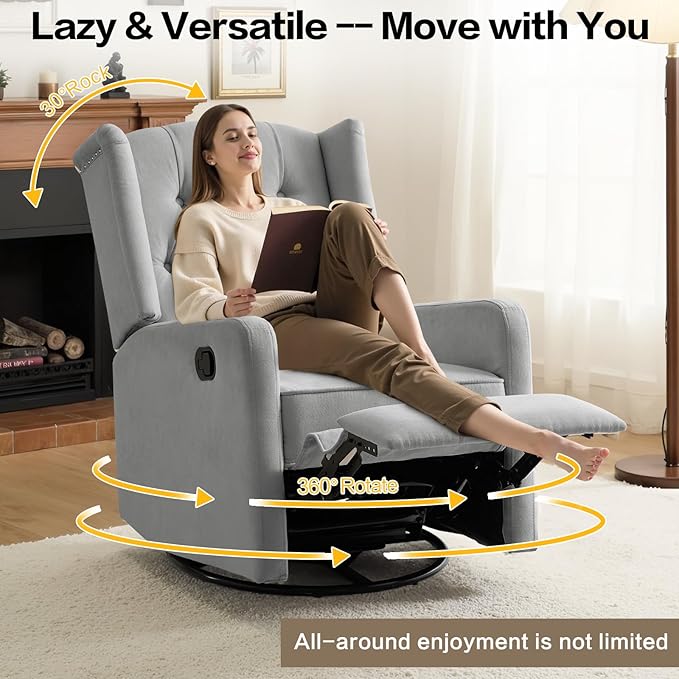 ABAKAN Swivel Rocker Recliner Chair, 360 Degree Nursery Rocking Recliner, Linen Glider Chair with Button Tufted Wingback Chair, for Living Room, Bedroom, Gray
